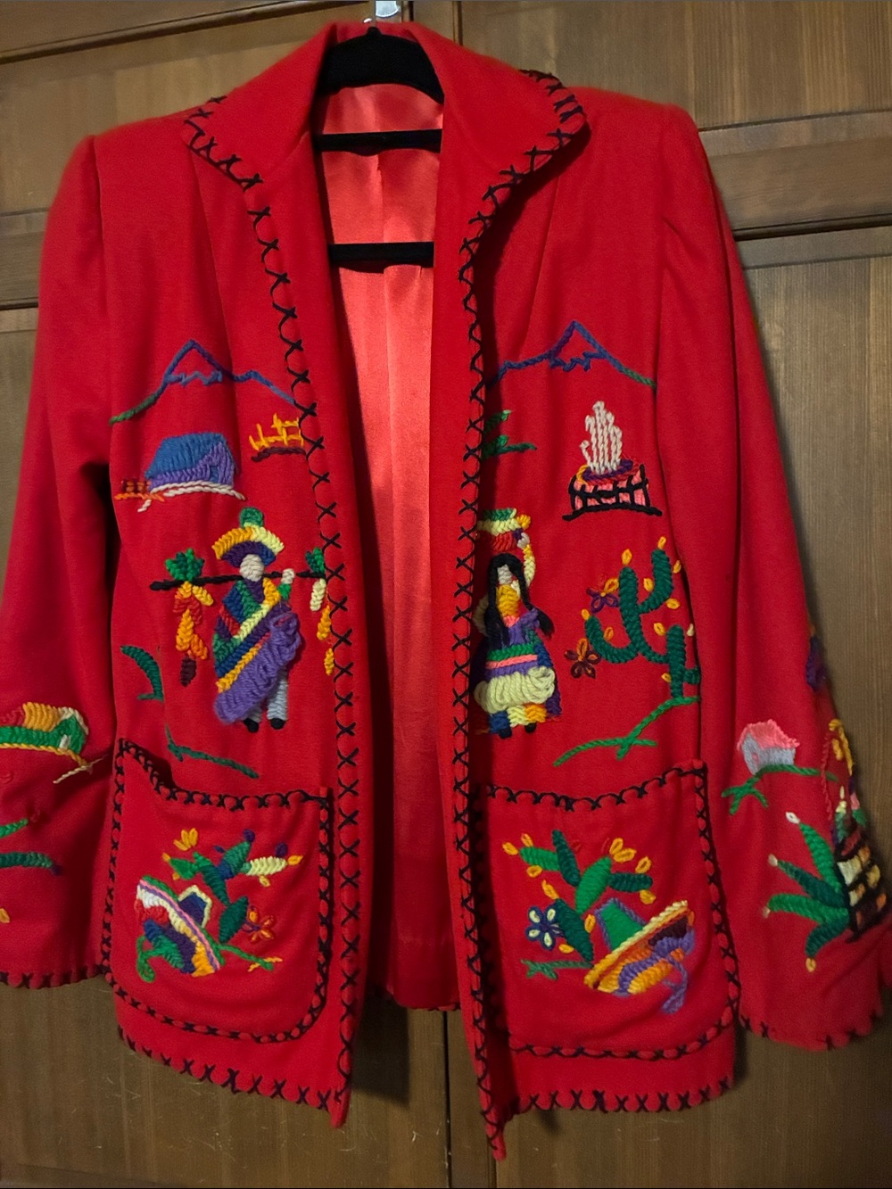 Women's Red Embroidered Lined Blazer Jacket - Vibrant Folk-Inspired Design
